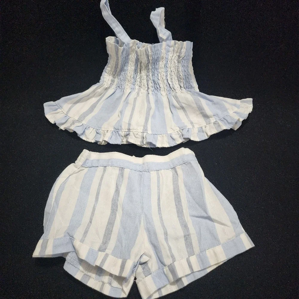 Jessica Simpson Girls 5 Blue White Striped‎ Smocked Ruffle Top & Shorts Set